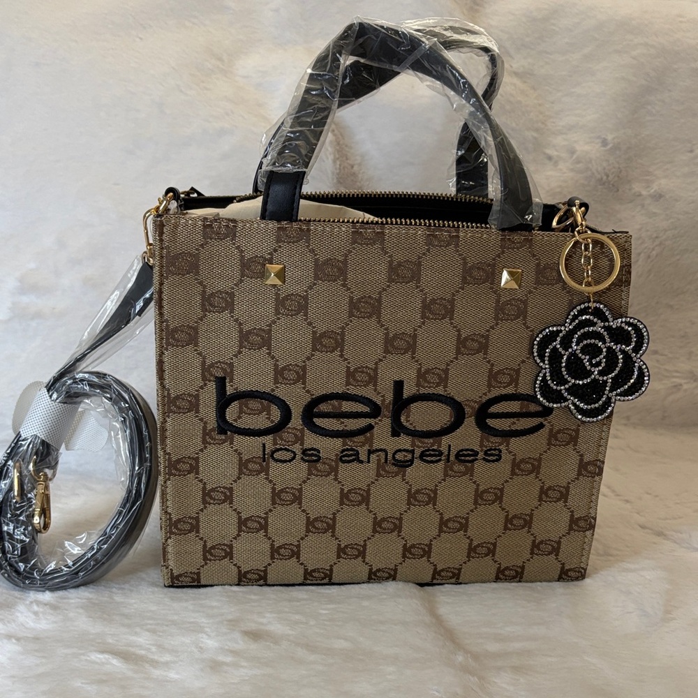 bebe Beige and Black Logo Small Tote with Crossbody Strap